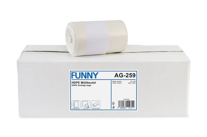 Müllbeutel, 18 Liter extra, weiß, 300 + 240 x 530 mm AG-259* Kartoninhalt: 10 Rollen à 100x1000  Stück ca. 15μ 2