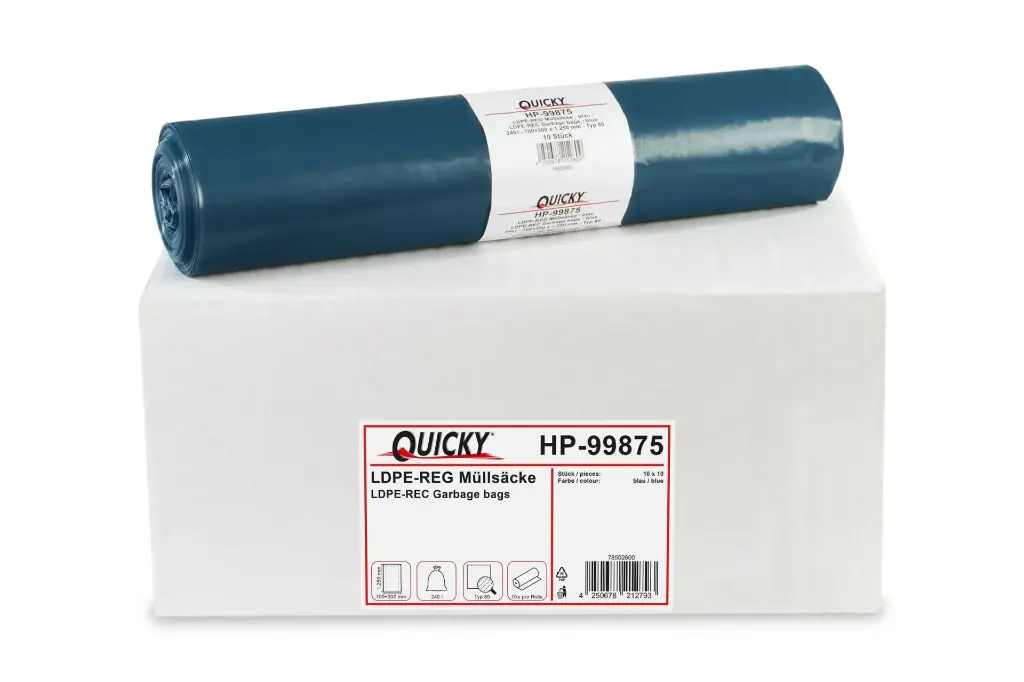  Müllsäcke Blau 240 Liter LDPE-Regenerat Typ 80  700+300x1250 mm 10x10 Rollen á 100 Stück/Pack