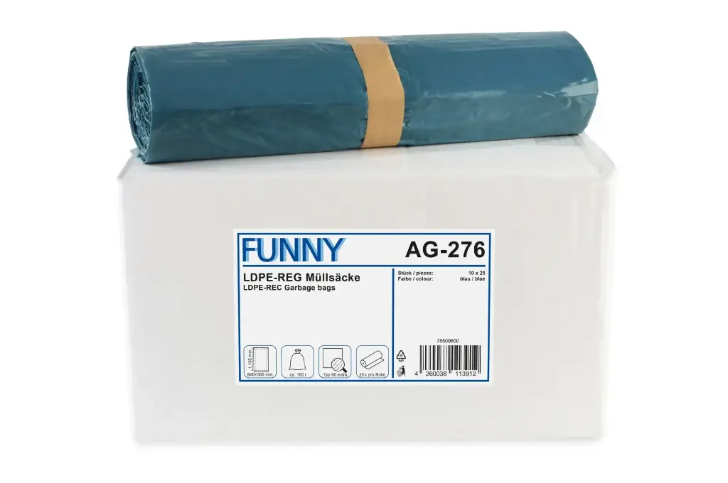  Müllsäcke Blau160  Liter LDPE-Regenerat  Typ 60 Extra Stark 600+300x1100 mm 250 Stück/Karton