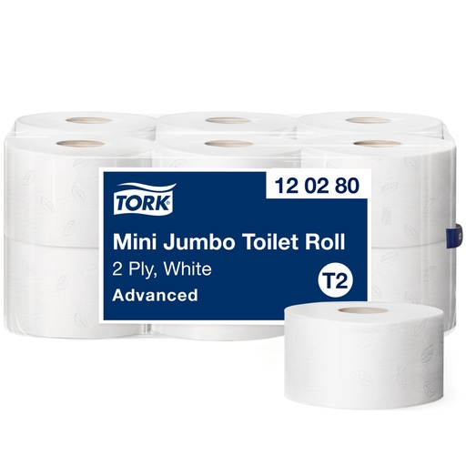[120280] Tork Mini Jumbo Toilettenpapier Advanced 2-lagig Weiß perforiert 9,4x20cm d=18,8cm 12Roll 170m